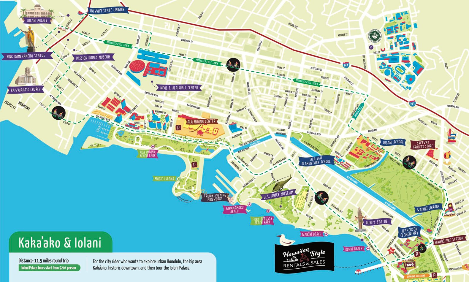 Kakaako Iolani Palace Bike Tour Route